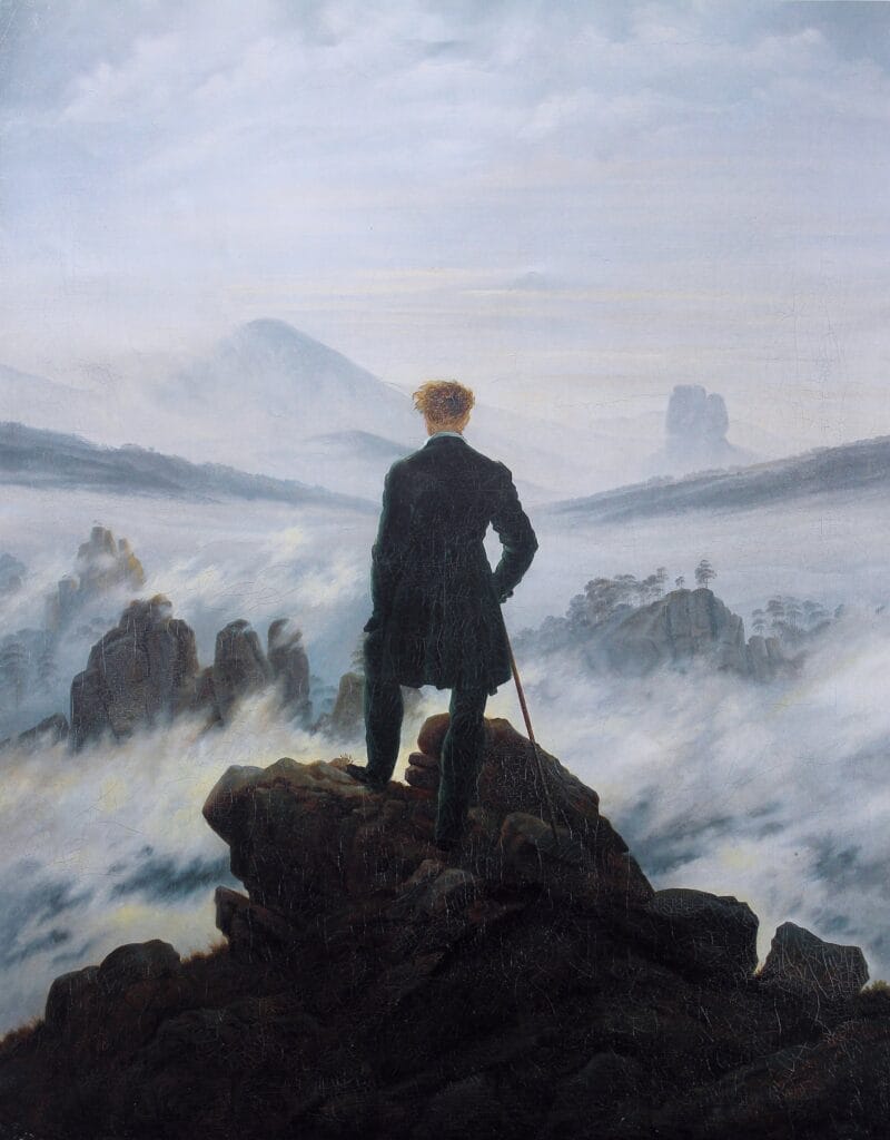 Painting of a man seen from behind, standing on a rocky peak above a sea of fog