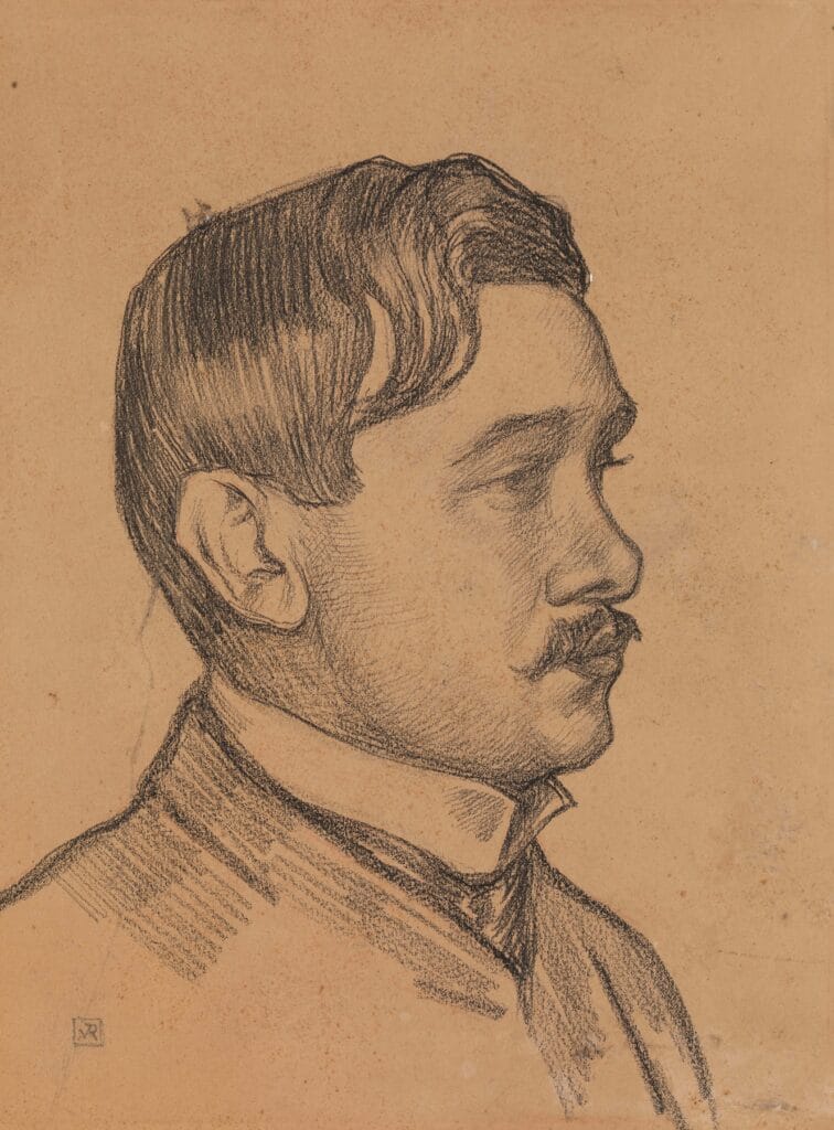 Chalk profile portrait of a young Maurice Maeterlinck with a mustache and high collar