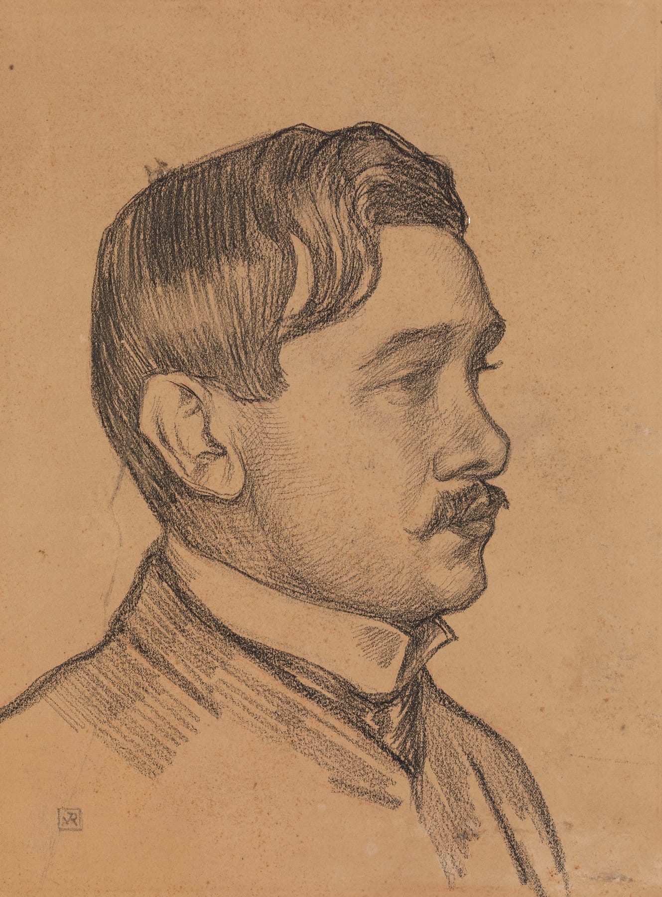 Chalk profile portrait of a young Maurice Maeterlinck with a mustache and high collar