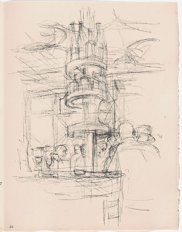 Loose sketch by Alberto Giacometti of a tall, tiered sculptural form rising from a table, with faintly drawn figures and cups at its base.